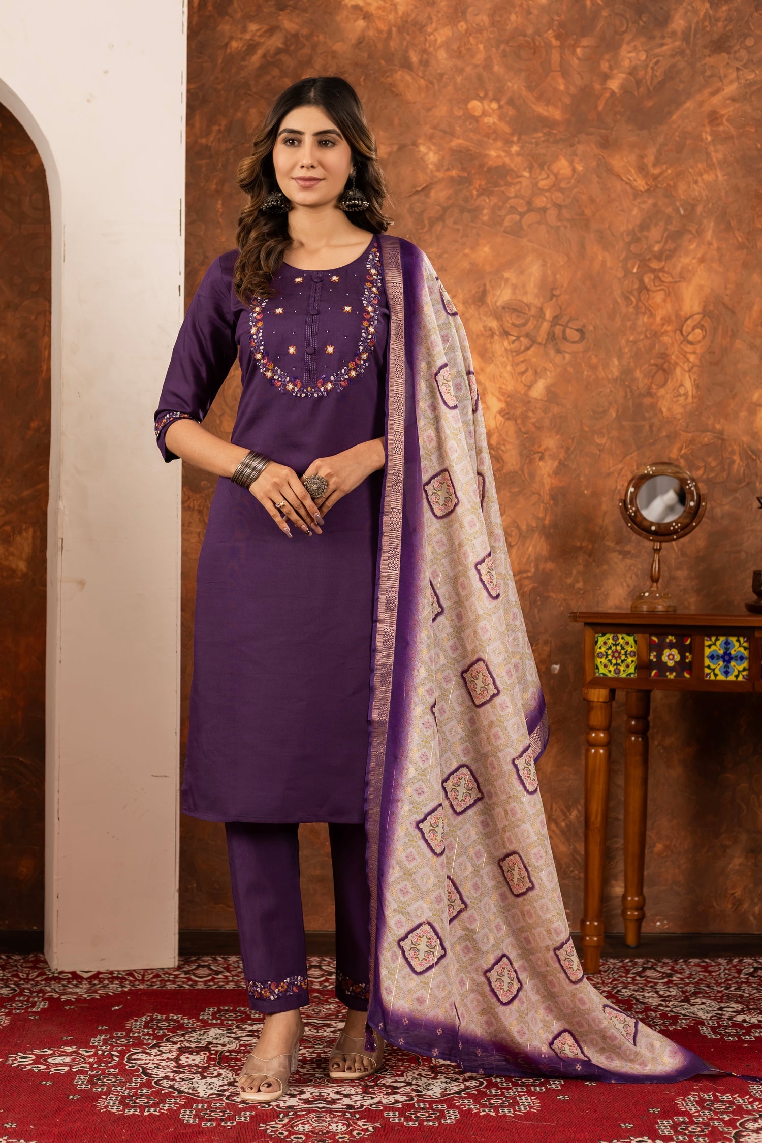 Wine Marina Silk kurta set with multi-thread embroidery and matching pants