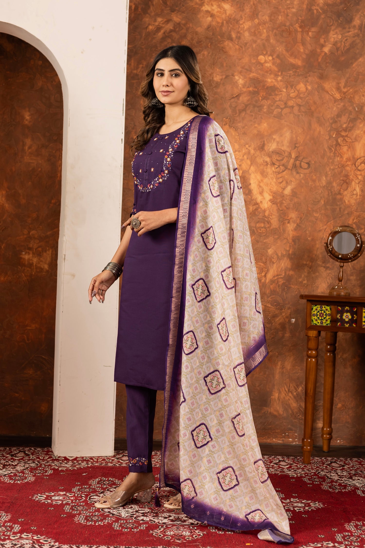 Wine Marina Silk Kurta Pant Set with Multi-Thread Hand Embroidery