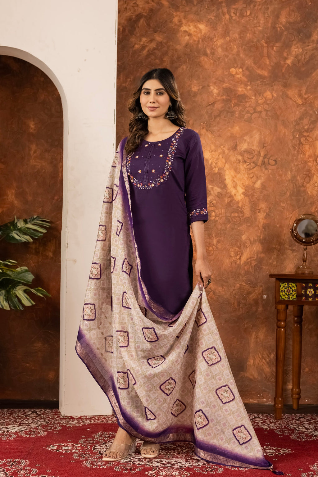 Wine Marina Silk Kurta Pant Set with Multi-Thread Hand Embroidery
