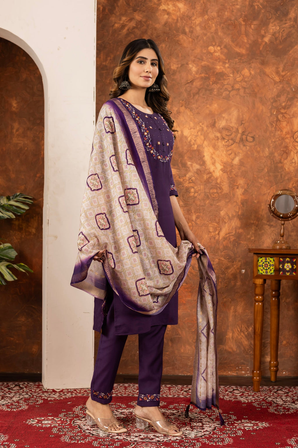 Wine Marina Silk Kurta Pant Set with Multi-Thread Hand Embroidery