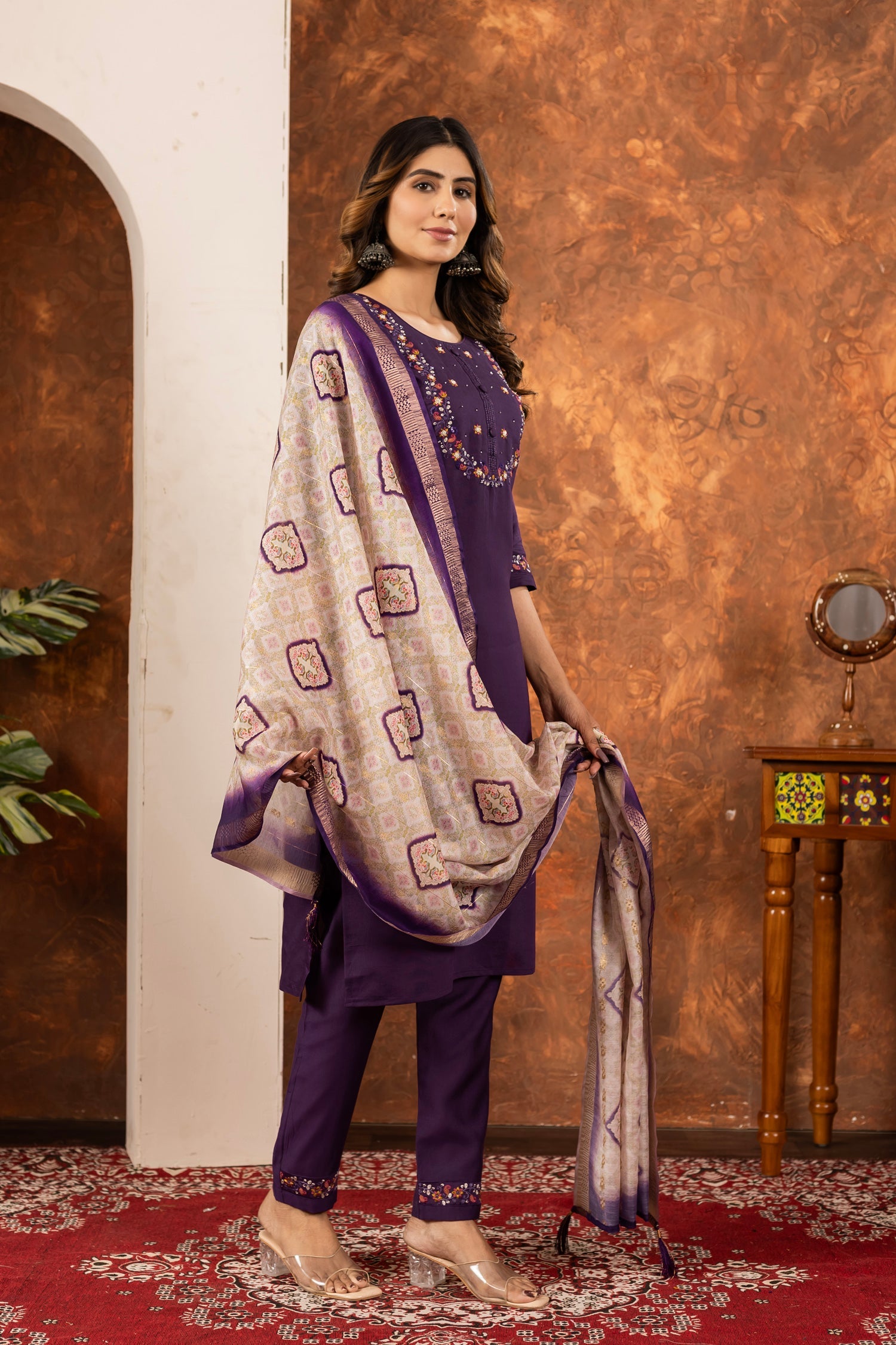 Wine Marina Silk Kurta Pant Set with Multi-Thread Hand Embroidery