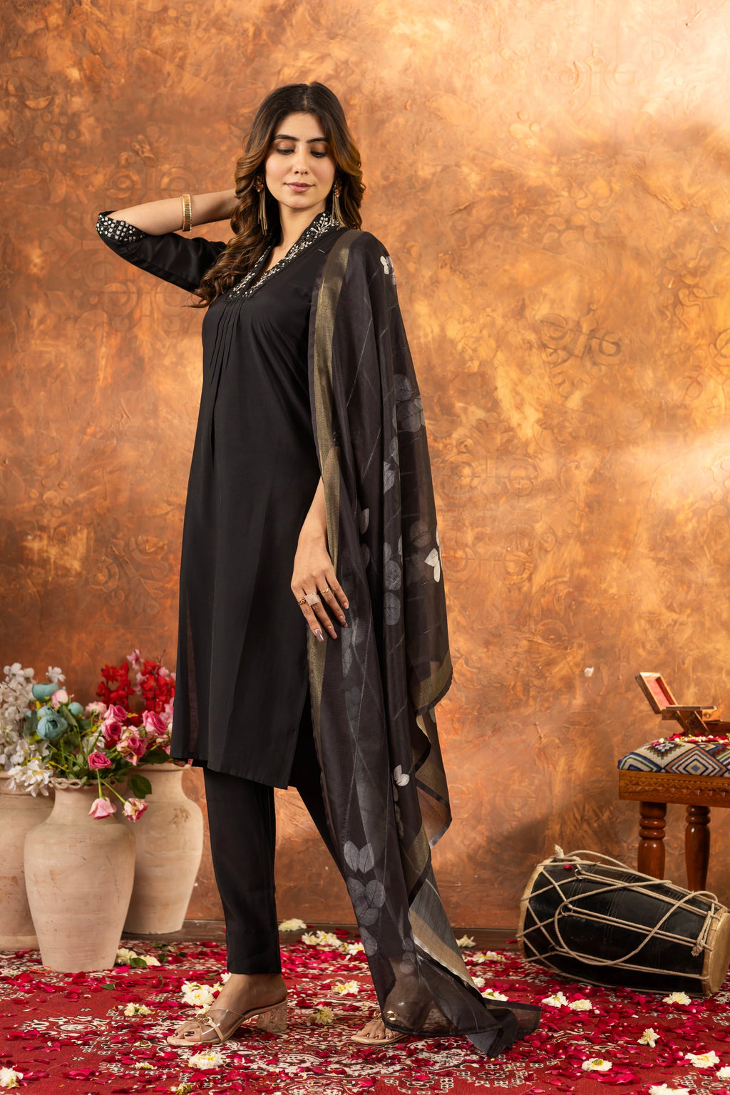 Black Roman Silk Embroidered Kurta Set with Hand Work and Dupatta