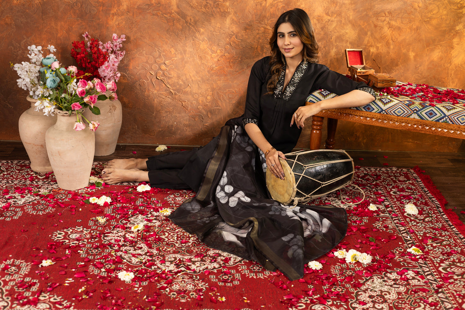 Black Roman Silk Embroidered Kurta Set with Hand Work and Dupatta