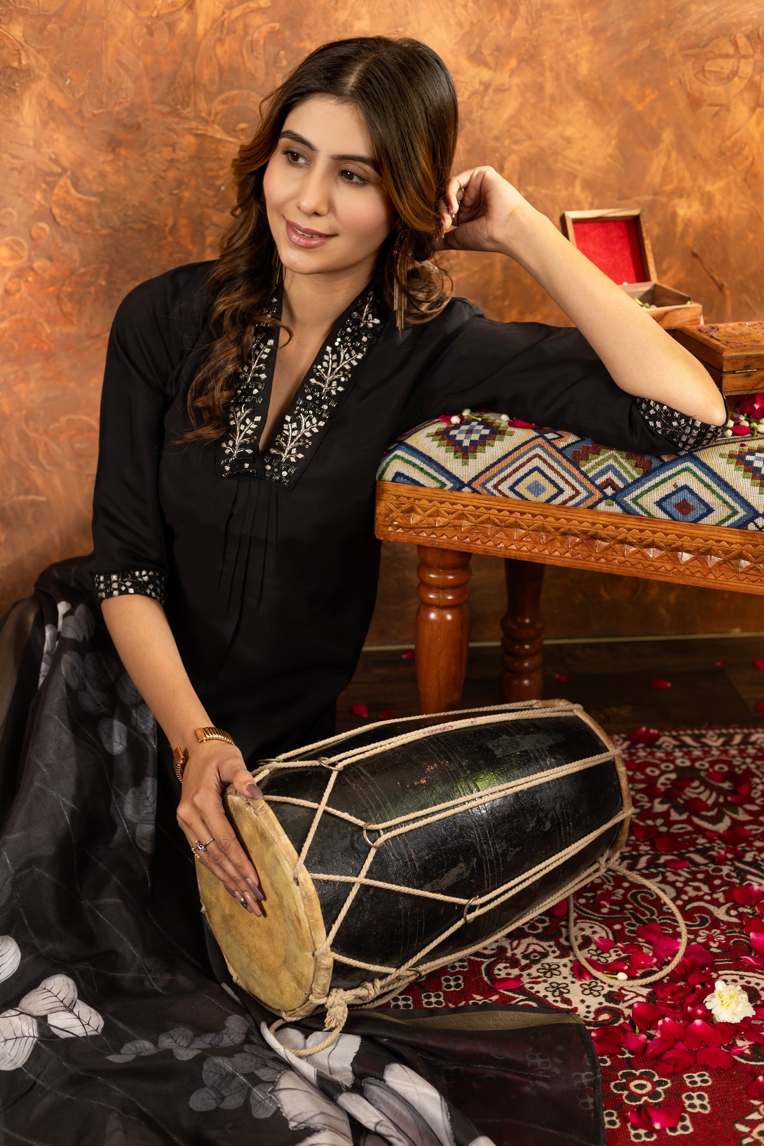 Black Roman Silk Embroidered Kurta Set with Hand Work and Dupatta