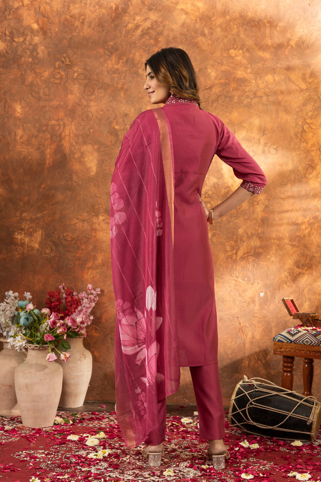 Lorenvalley Fashion Gajari Roman Silk Embroidery Sequins with Hand work Kurta Pant Dupatta