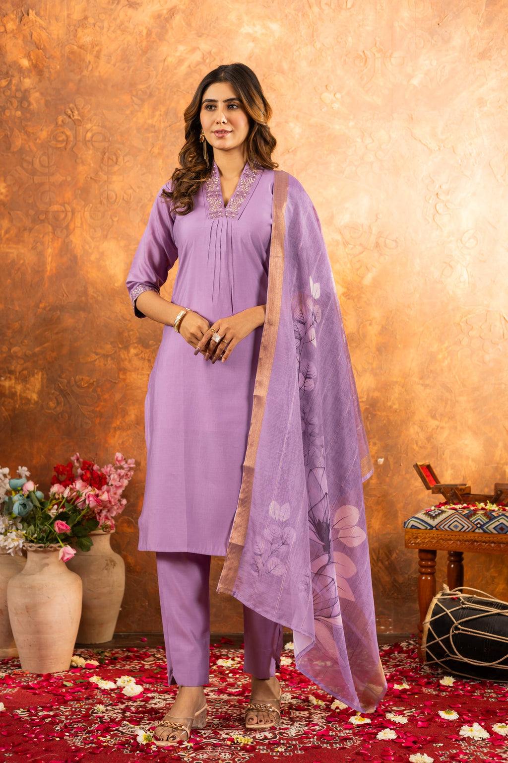 Lavender Roman Silk kurta pant set with sequin embroidery and hand work