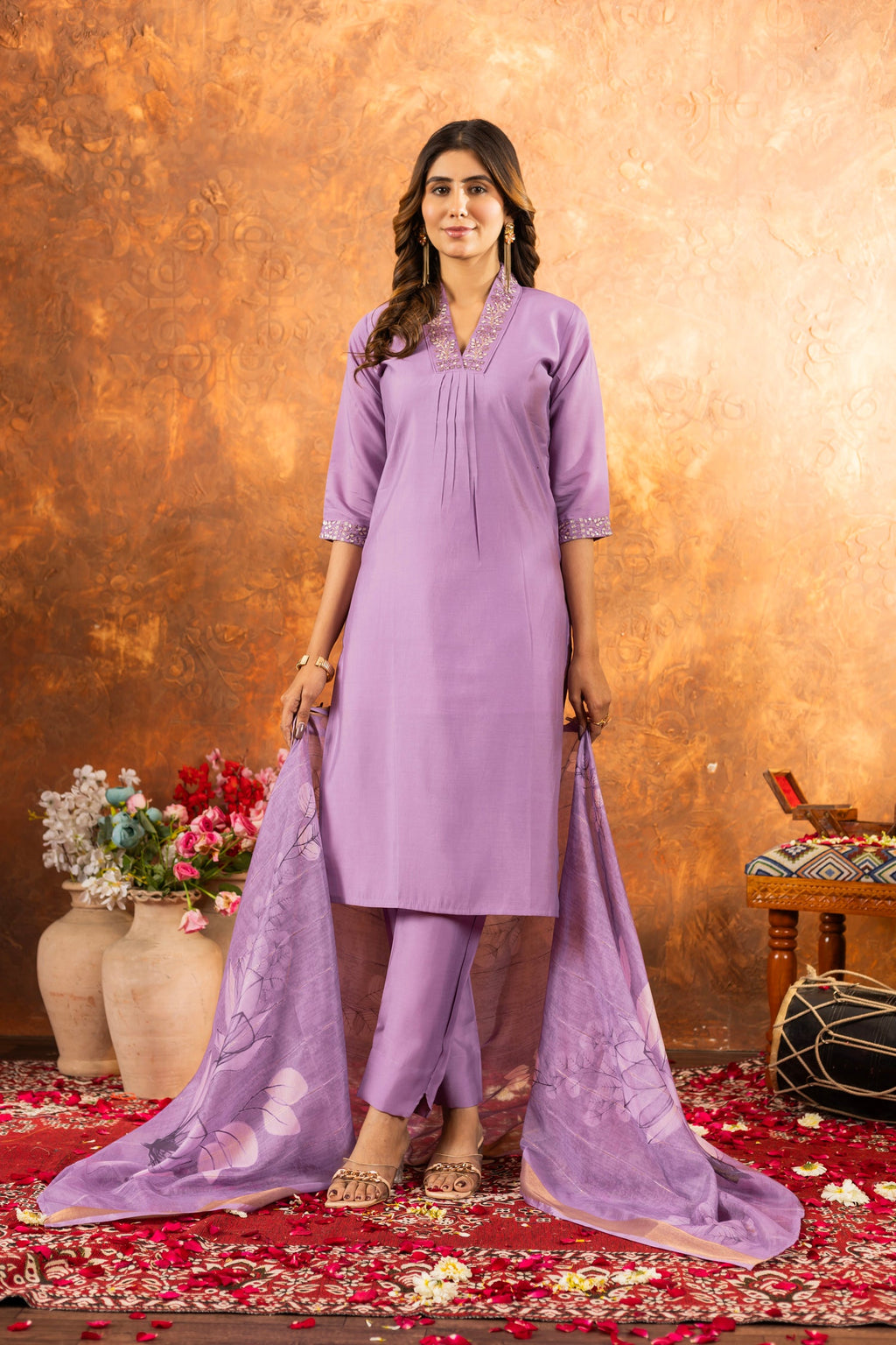 Lavender Roman Silk Kurta Pant Set with Sequins and Hand Work