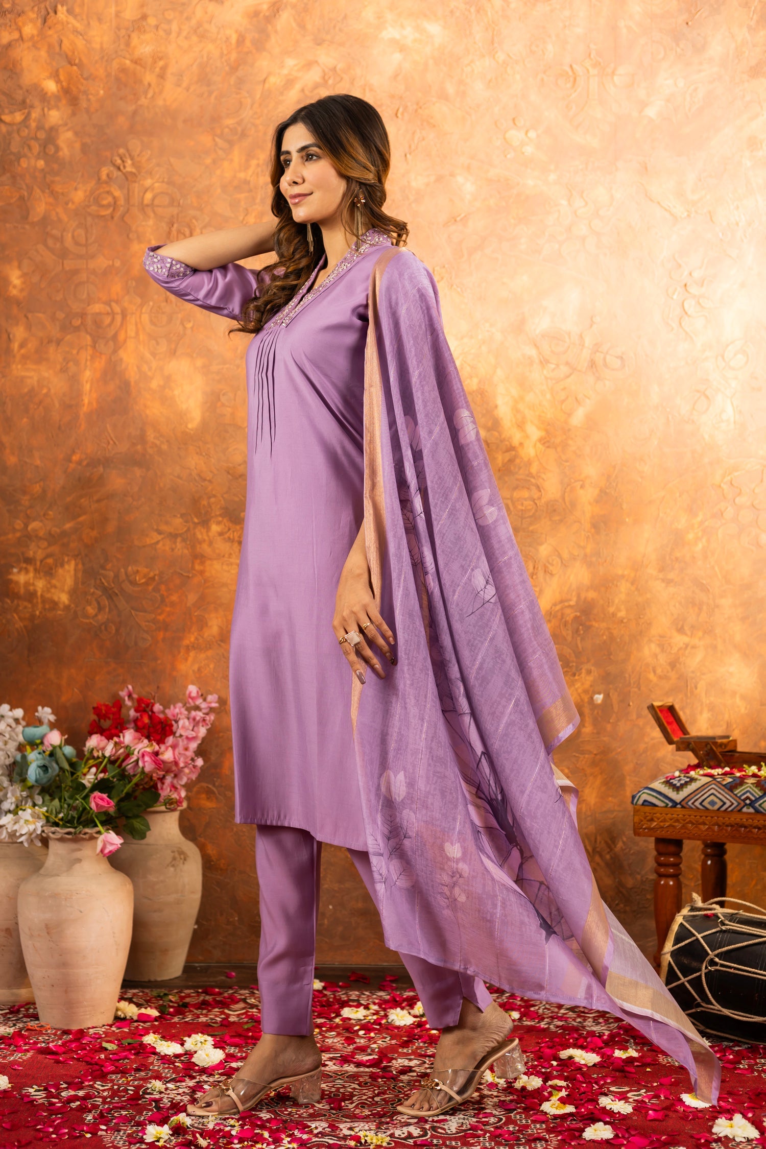 Lavender Roman Silk Kurta Pant Set with Sequins and Hand Work