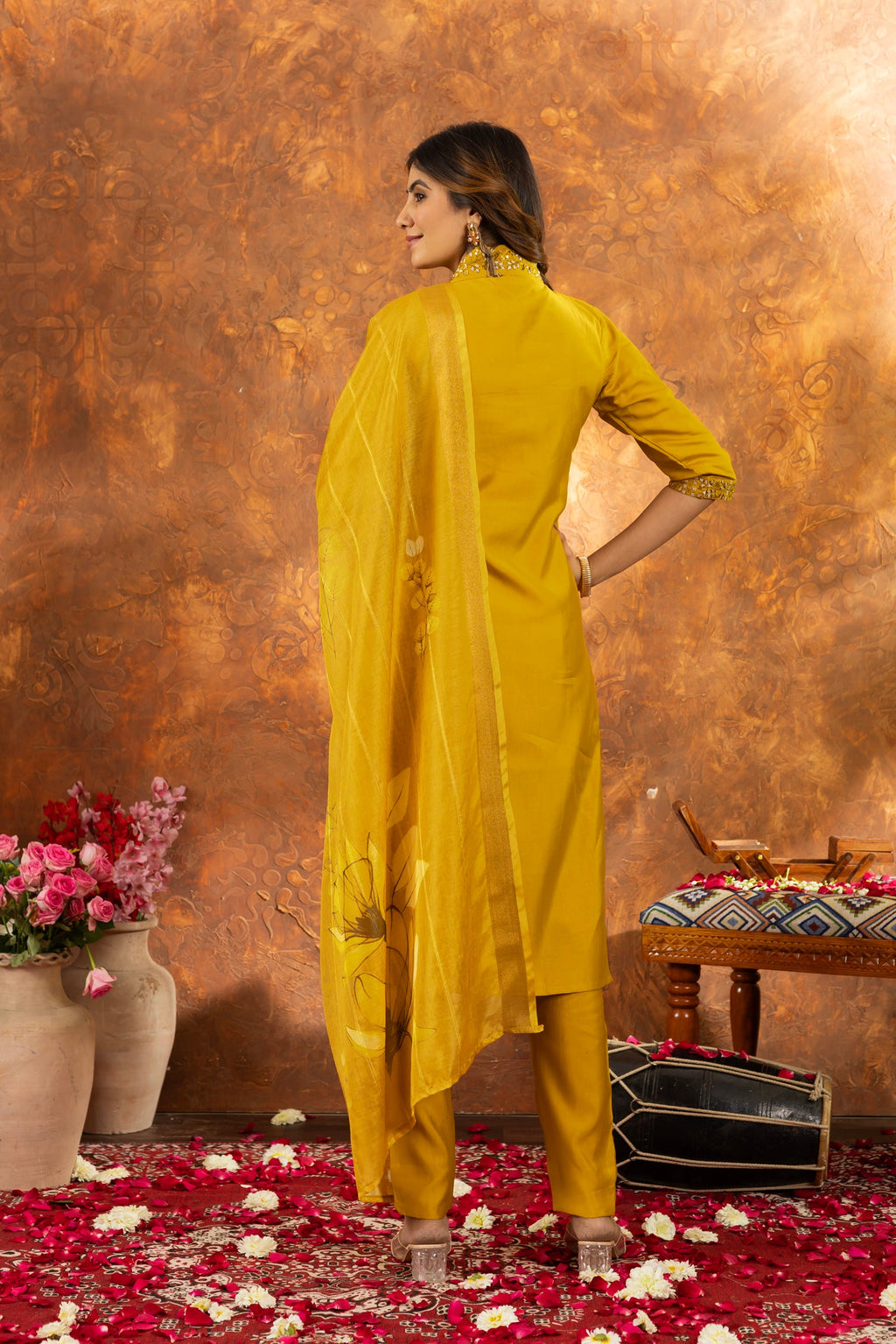 Lorenvalley Fashion Mustard Roman Silk Embroidery Sequins with Hand work Kurta Pant Dupatta