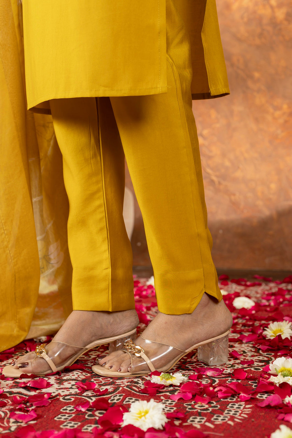 Lorenvalley Fashion Mustard Roman Silk Embroidery Sequins with Hand work Kurta Pant Dupatta