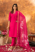 Pink Roman Silk kurta pant set featuring sequins and hand embroidery