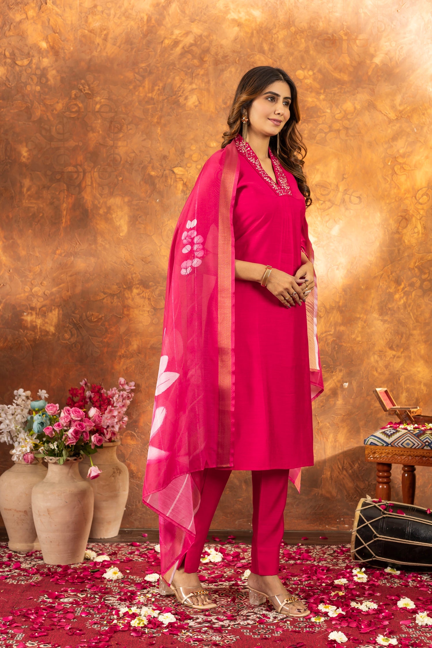 Pink Roman Silk Kurta Pant Set with Sequins and Hand Work