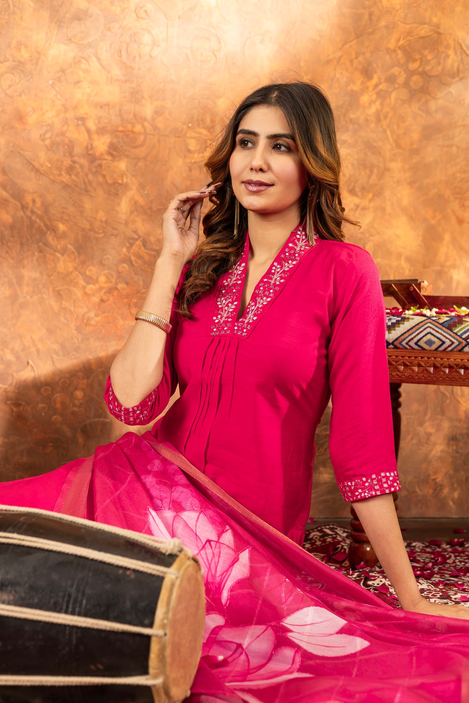 Pink Roman Silk Kurta Pant Set with Sequins and Hand Work