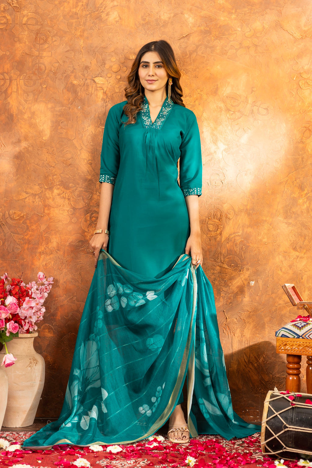 Rama color Roman Silk kurta set with sequins and handwork embroidery