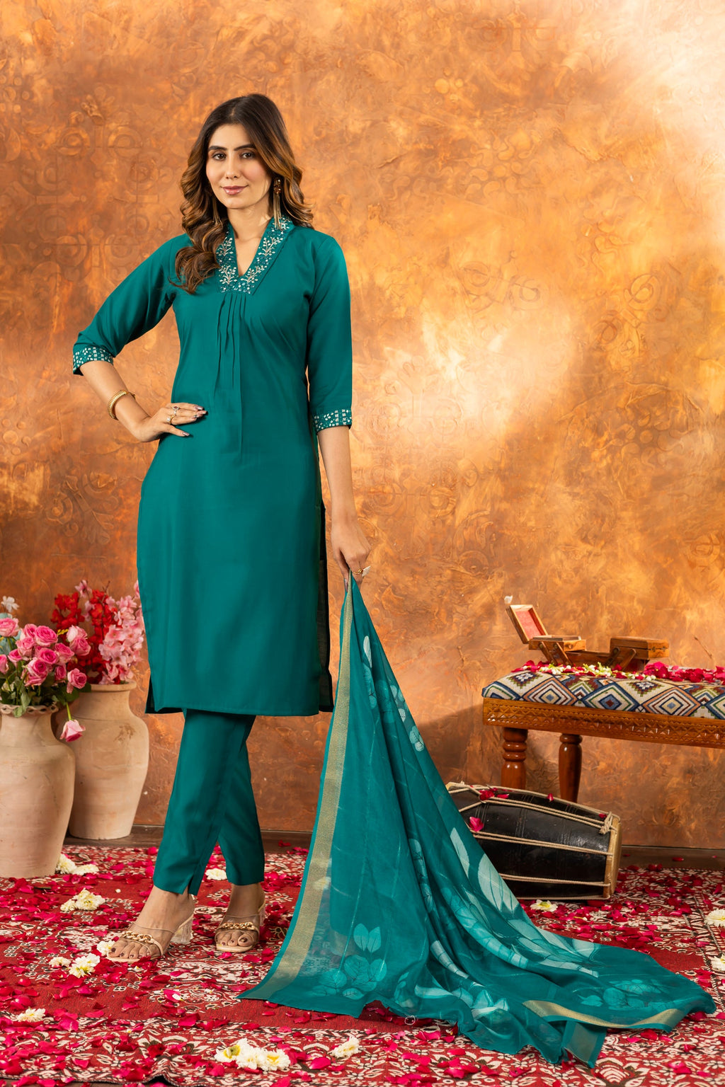 Rama Roman Silk Kurta Set with Sequins Embroidery & Handwork