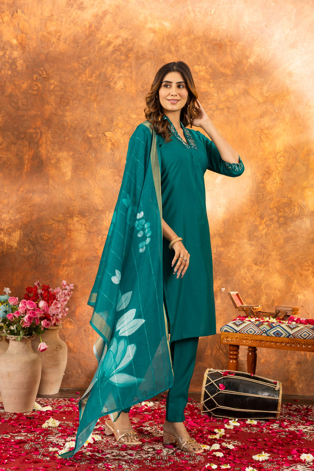 Rama Roman Silk Kurta Set with Sequins Embroidery & Handwork