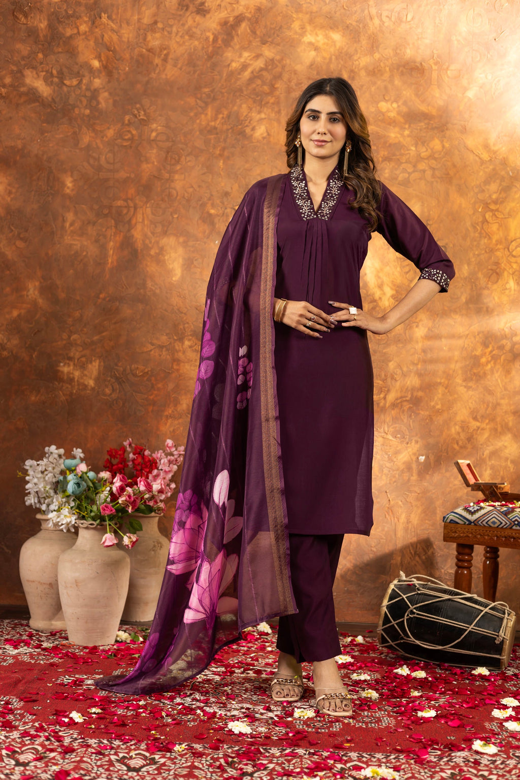 Wine Roman Silk kurta pant set with sequins and hand embroidery