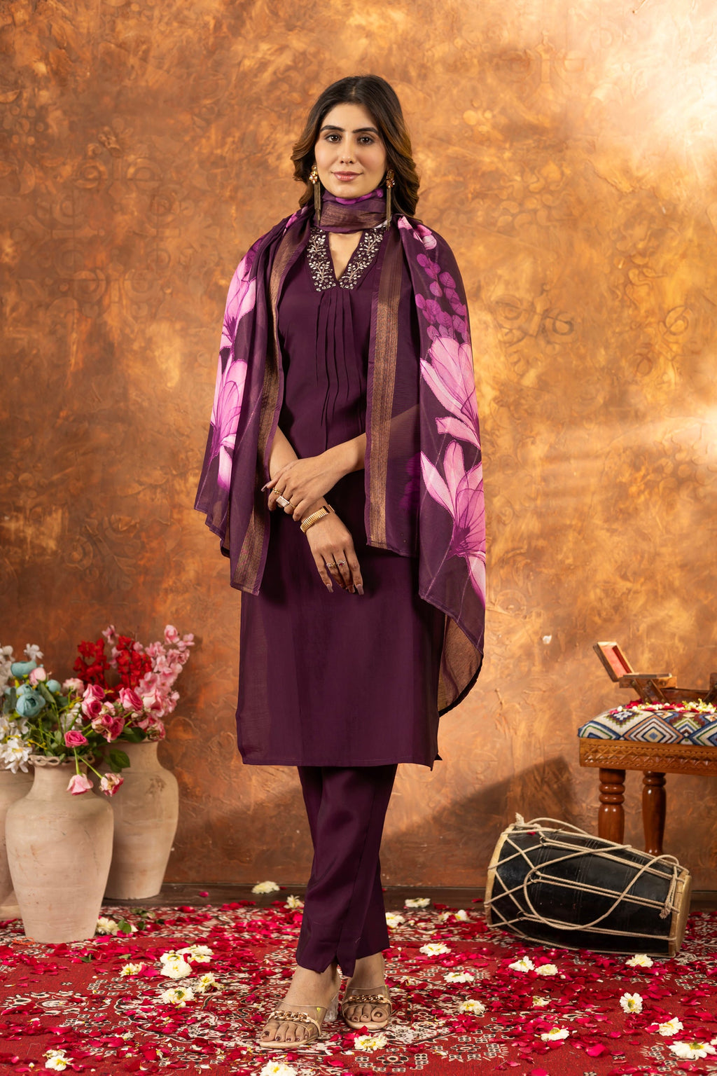 Wine Roman Silk Kurta Pant Set with Sequins and Hand Work