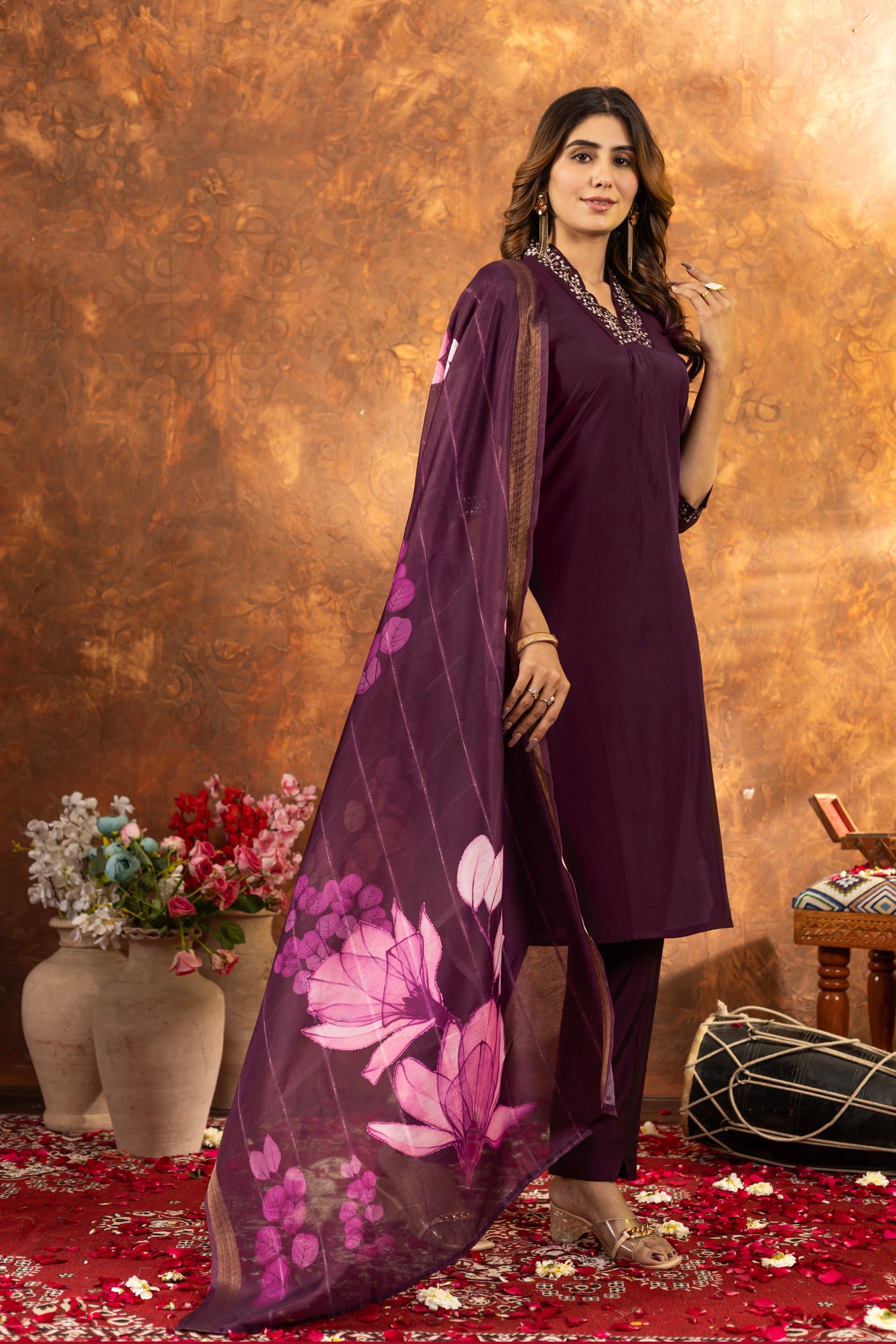 Wine Roman Silk Kurta Pant Set with Sequins and Hand Work