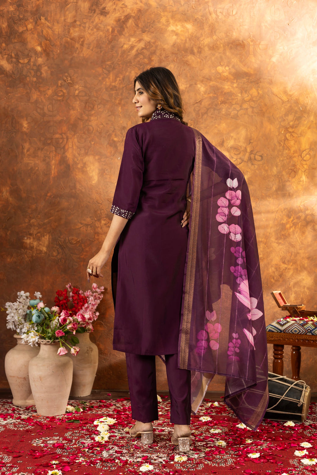 Wine Roman Silk Kurta Pant Set with Sequins and Hand Work
