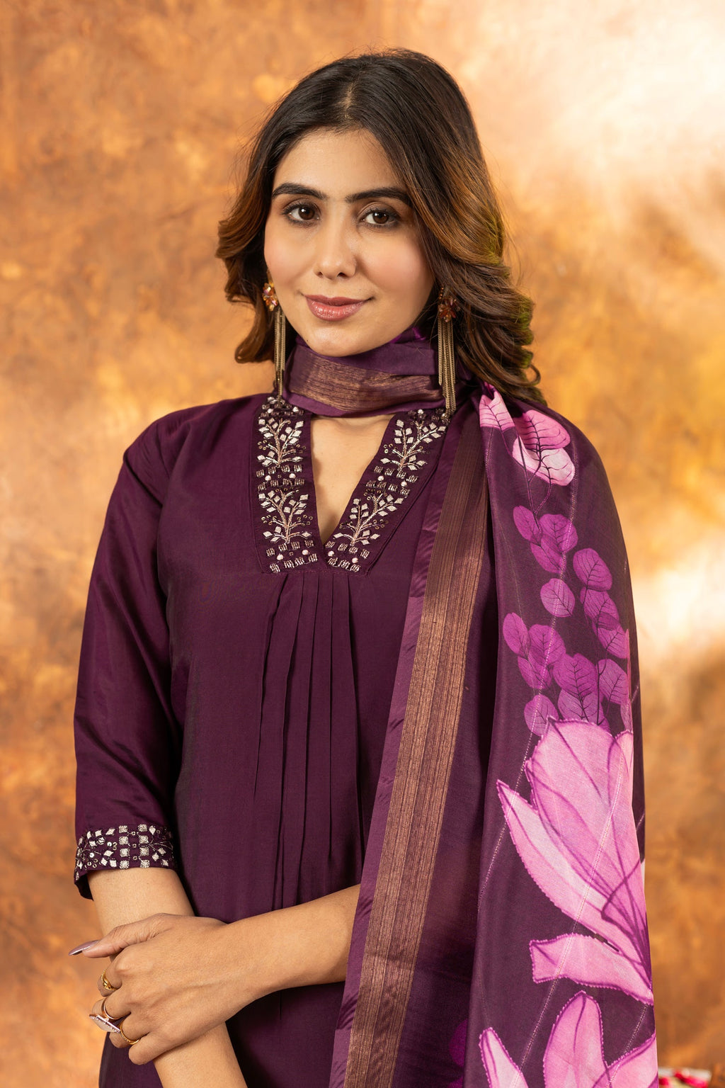 Wine Roman Silk Kurta Pant Set with Sequins and Hand Work
