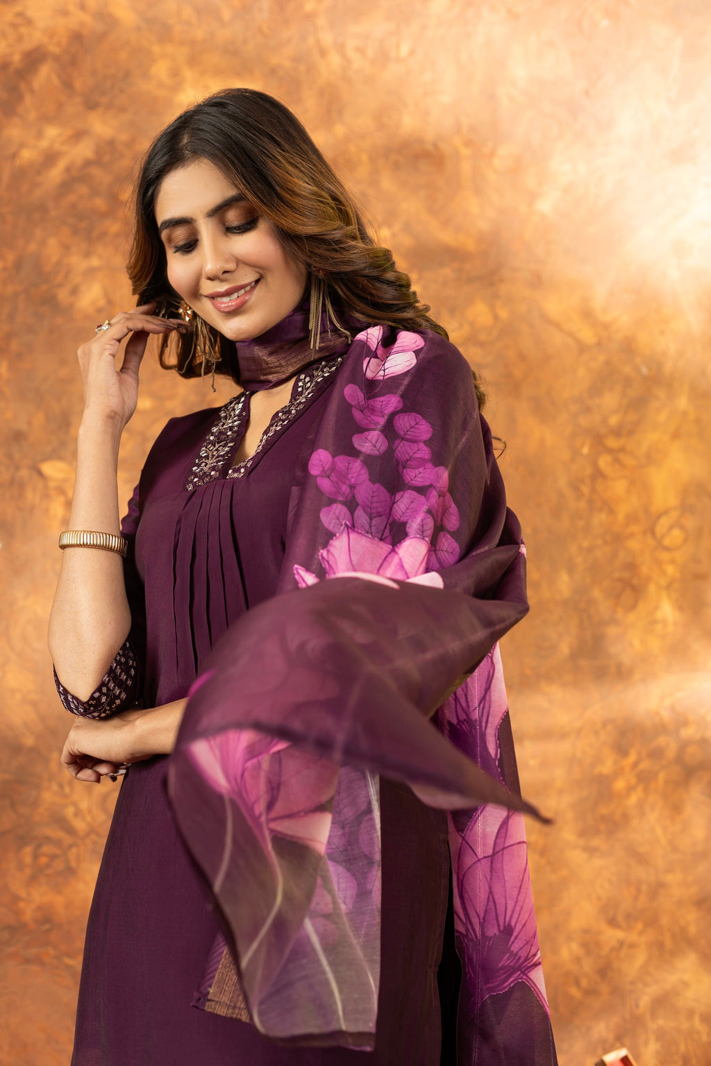 Wine Roman Silk Kurta Pant Set with Sequins and Hand Work
