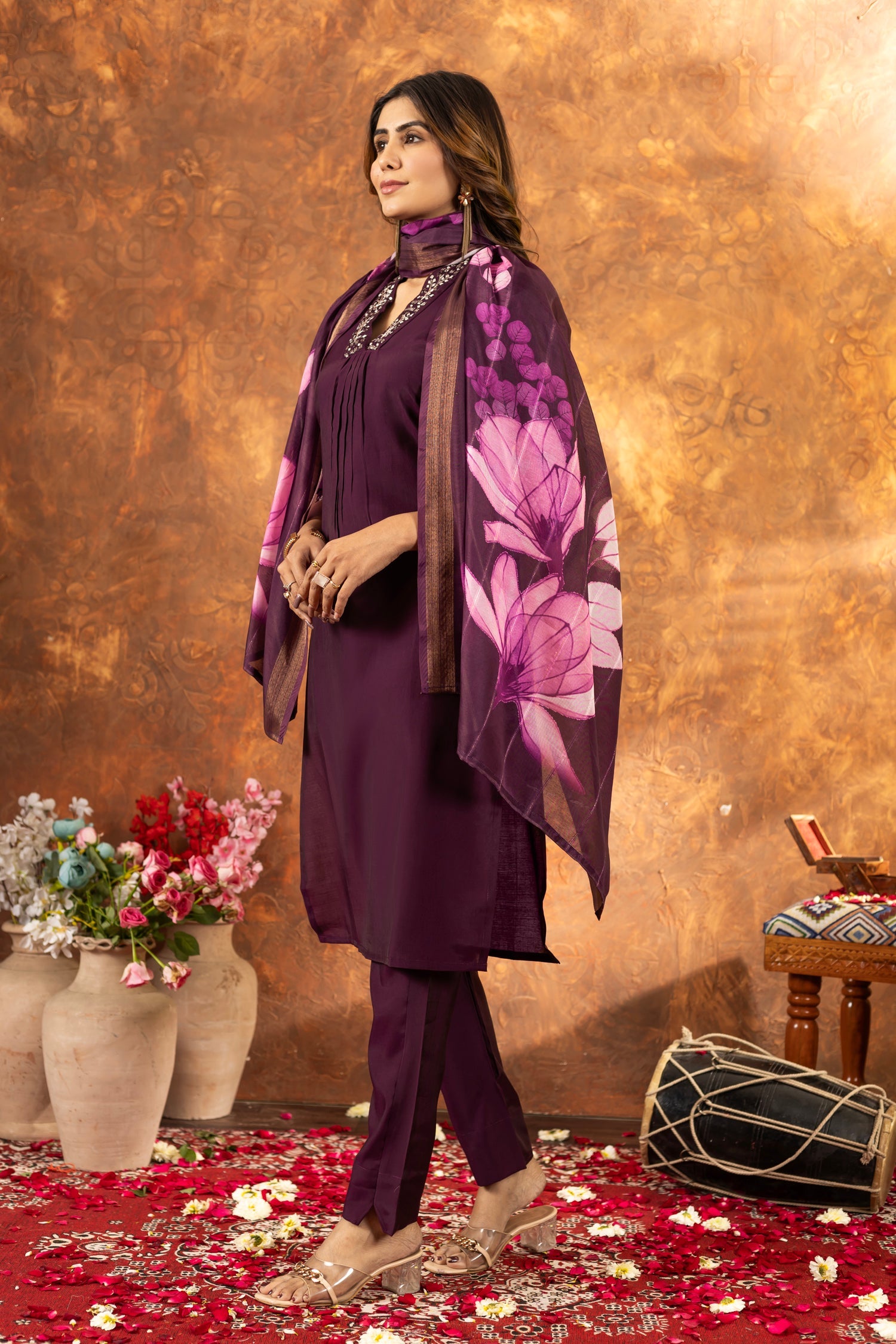 Wine Roman Silk Kurta Pant Set with Sequins and Hand Work