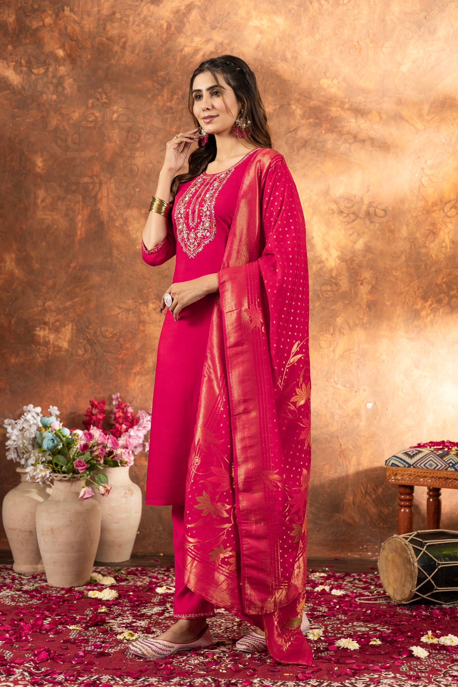 Lorenvalley Fashion Pink Marina Silk Multi Embroidery Thread with Hand work Kurta Pant Dupatta