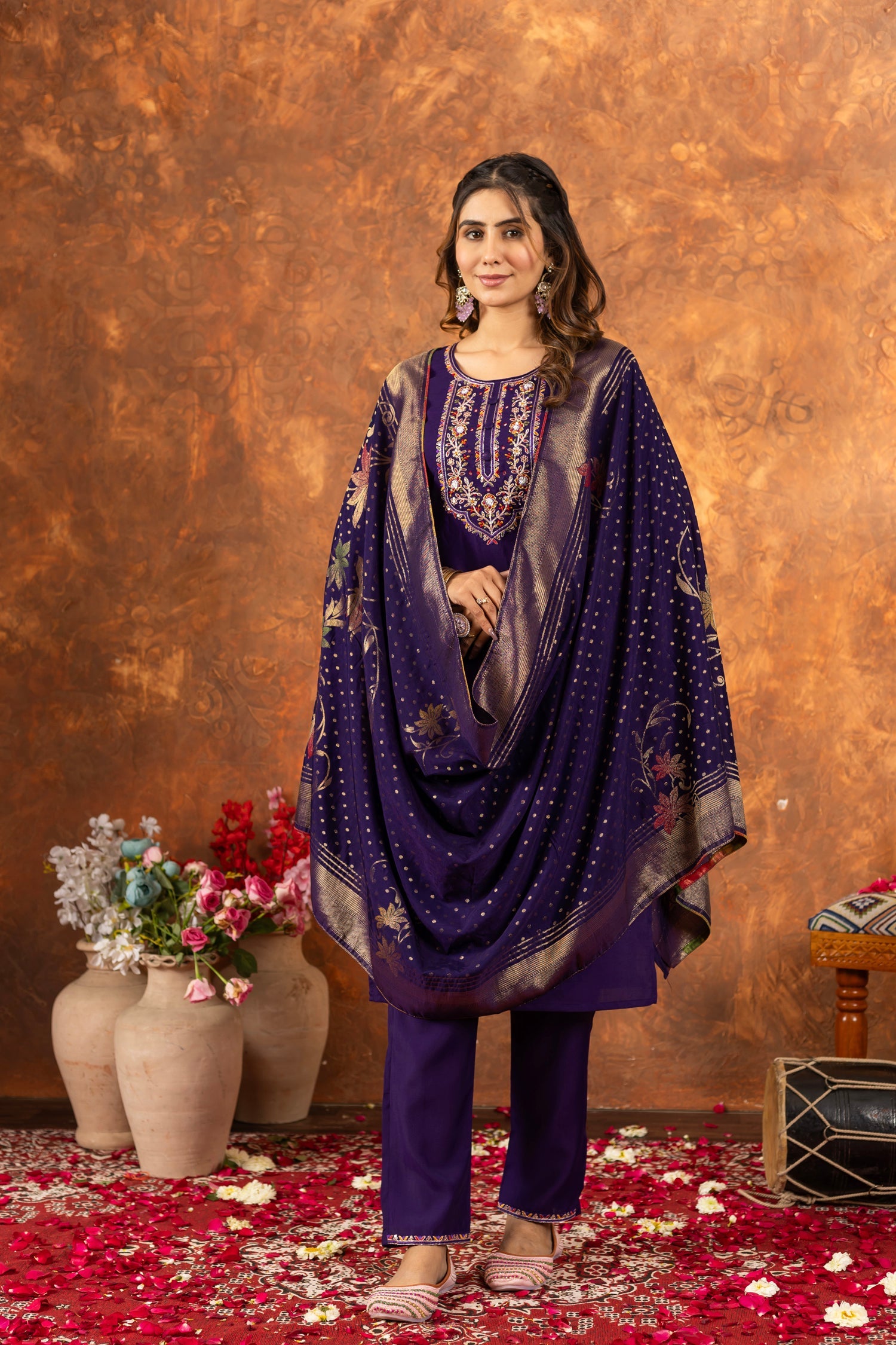 Lorenvalley Fashion Purple Marina Silk Multi Embroidery Thread with Hand work Kurta Pant Dupatta