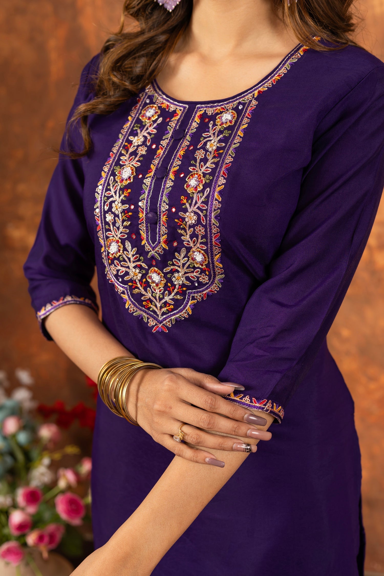 Lorenvalley Fashion Purple Marina Silk Multi Embroidery Thread with Hand work Kurta Pant Dupatta