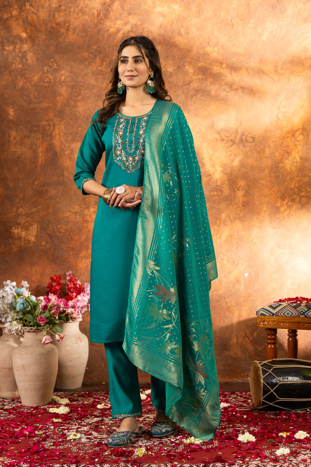 Rama Marina Silk kurta with multi-thread embroidery and straight-cut pants