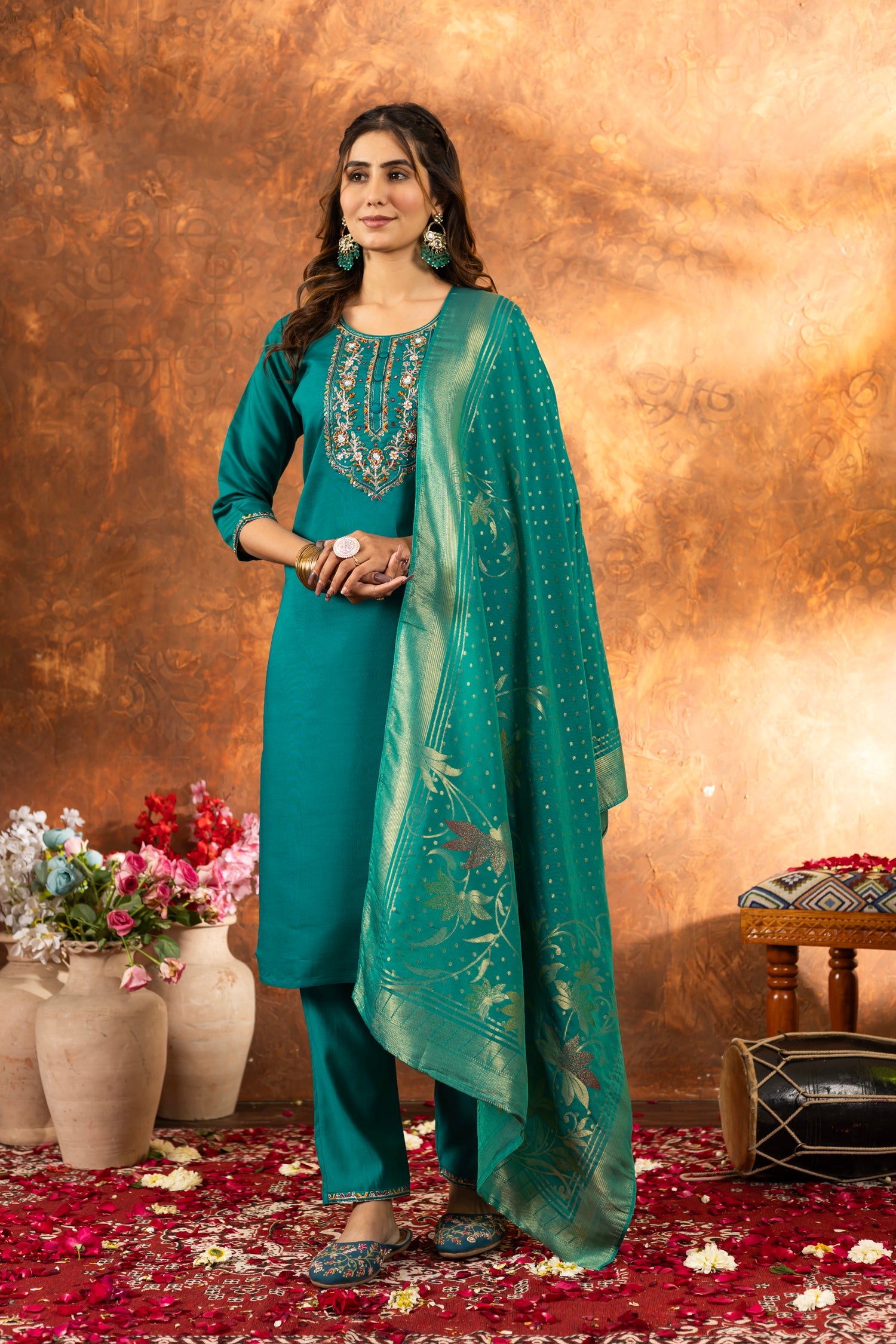 Rama Marina Silk kurta with multi-thread embroidery and straight-cut pants