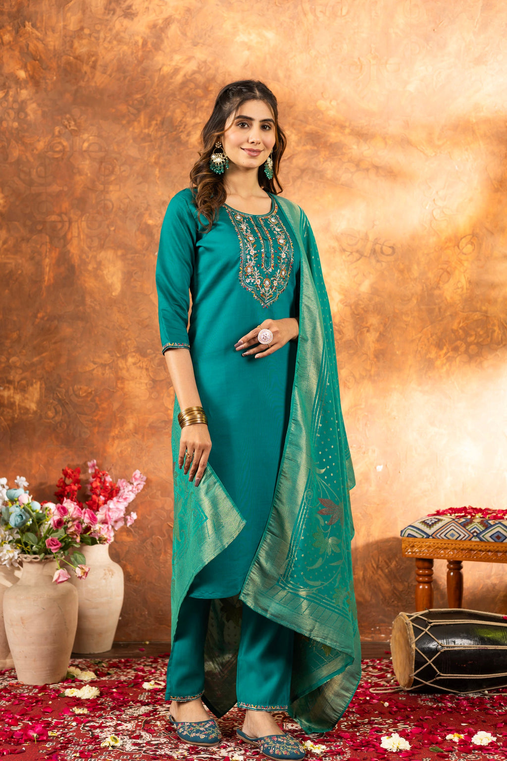 Rama Marina Silk Kurta Pant Set with Multi Embroidery Hand Work