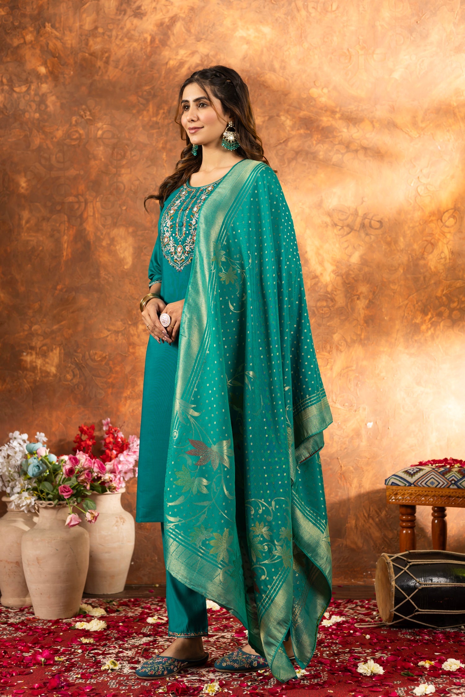 Rama Marina Silk Kurta Pant Set with Multi Embroidery Hand Work