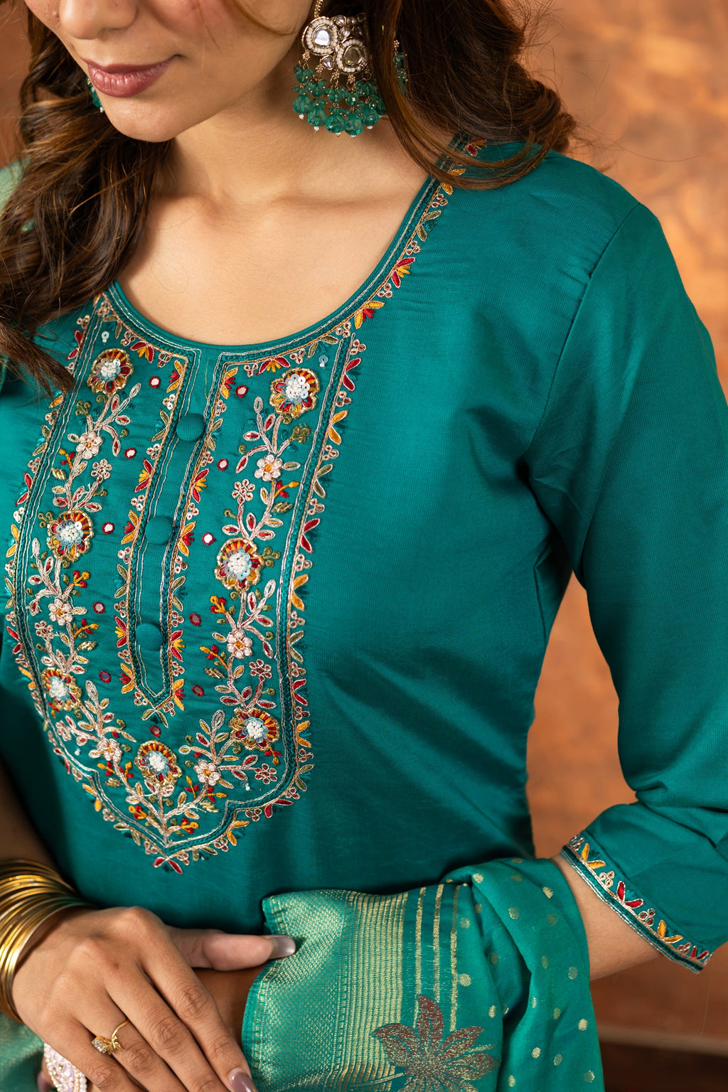 Rama Marina Silk Kurta Pant Set with Multi Embroidery Hand Work