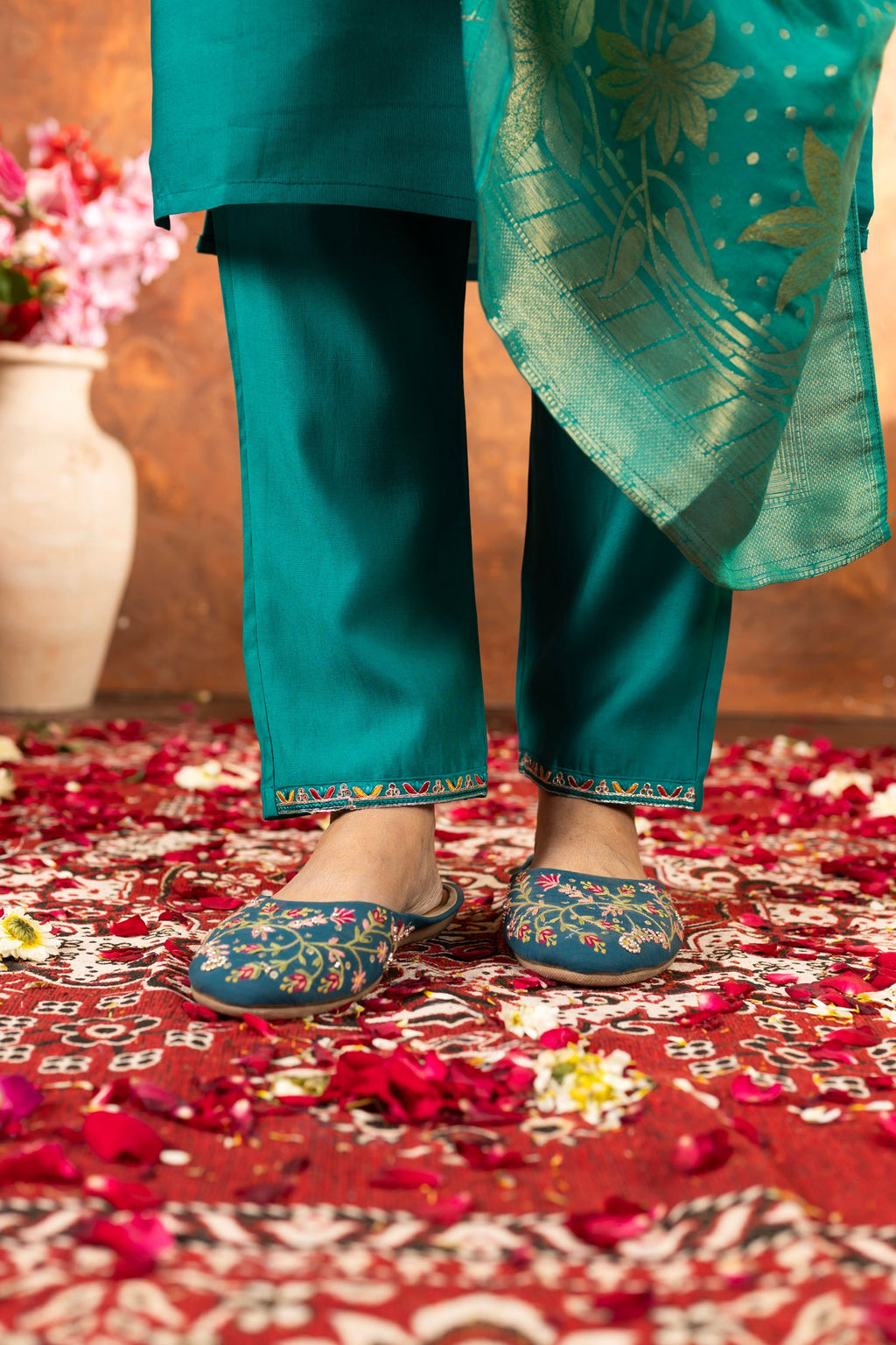 Rama Marina Silk Kurta Pant Set with Multi Embroidery Hand Work