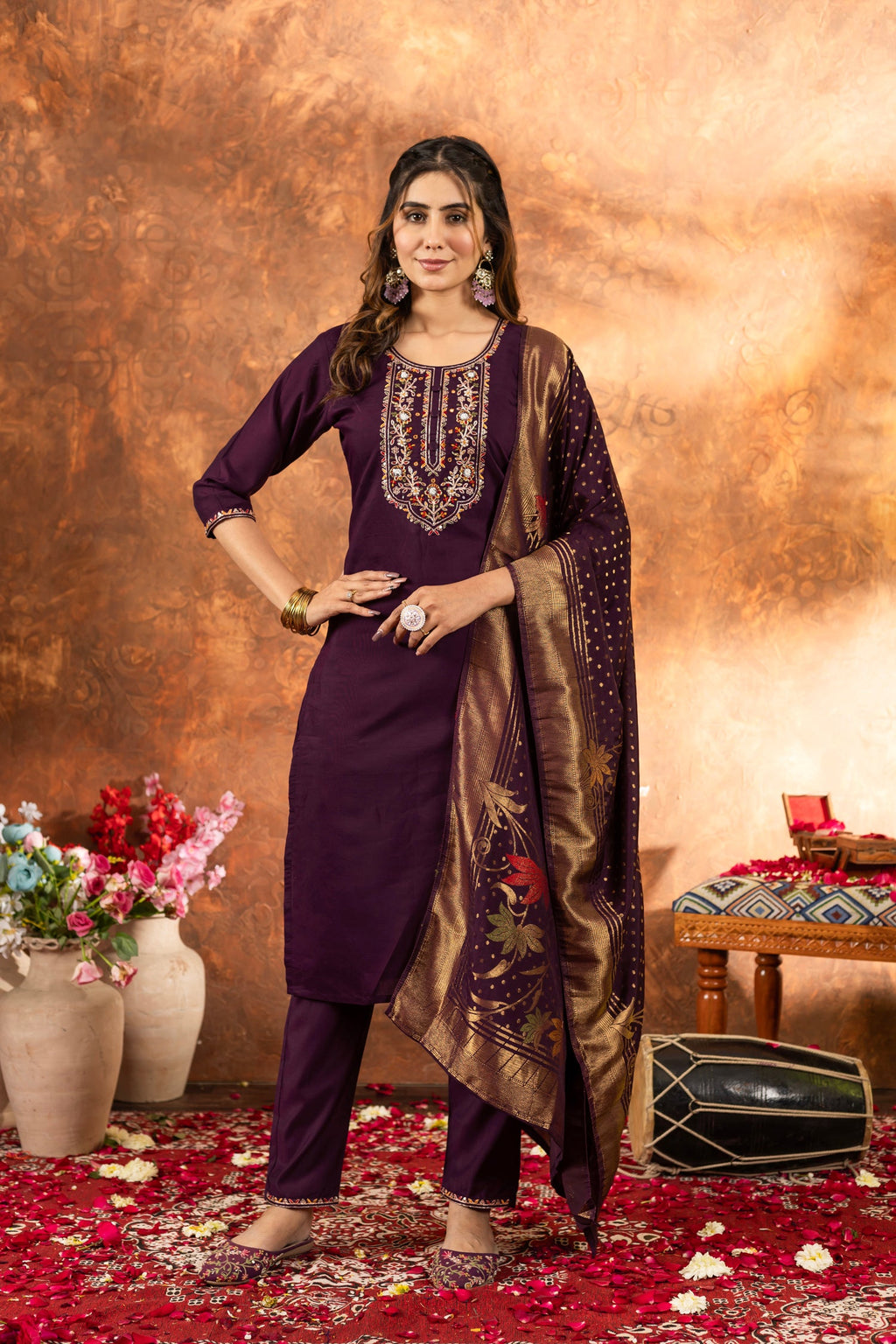 Wine-colored Marina Silk kurta pant set with decorative multi-thread embroidery