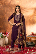 Wine-colored Marina Silk kurta pant set with decorative multi-thread embroidery