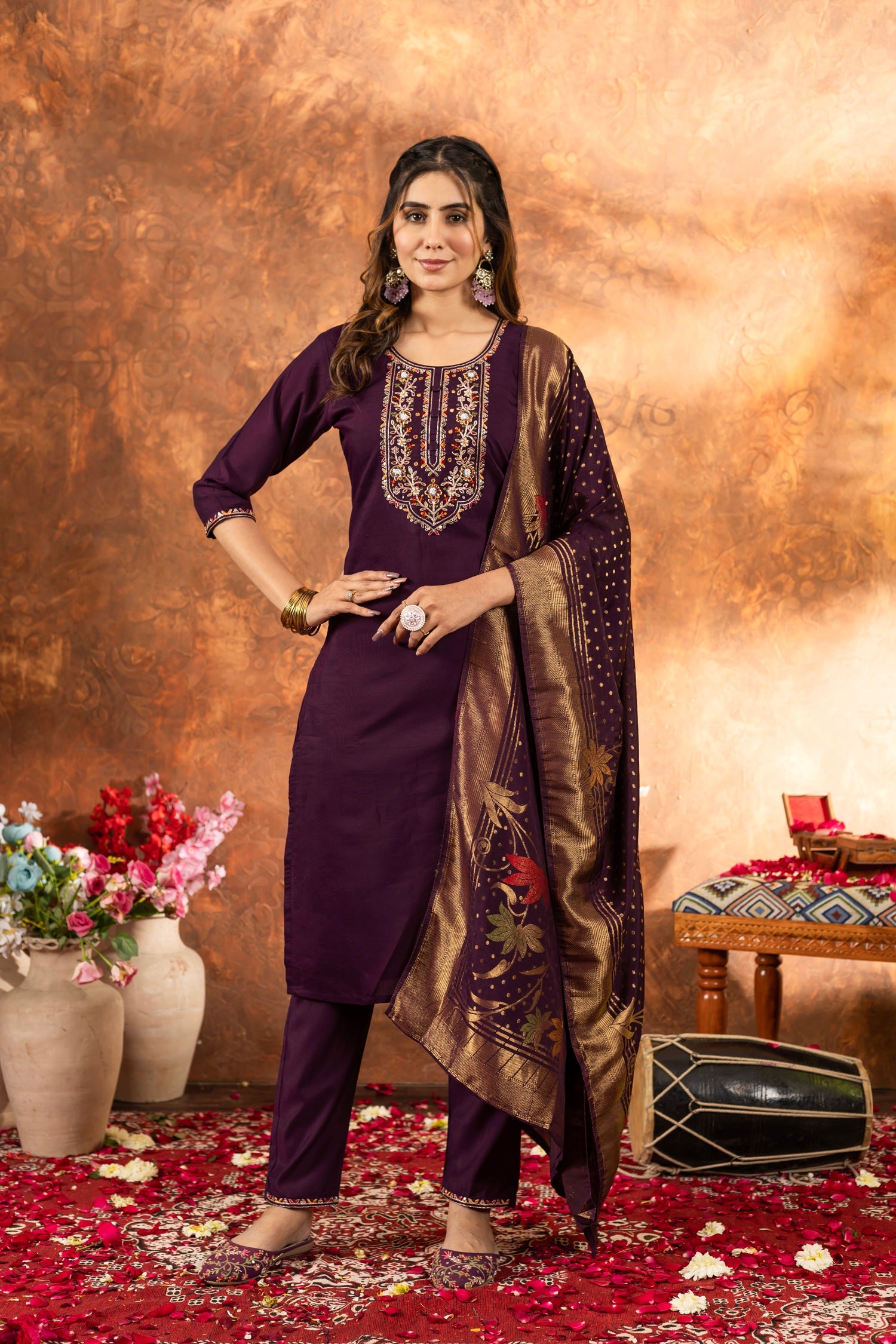 Wine-colored Marina Silk kurta pant set with decorative multi-thread embroidery