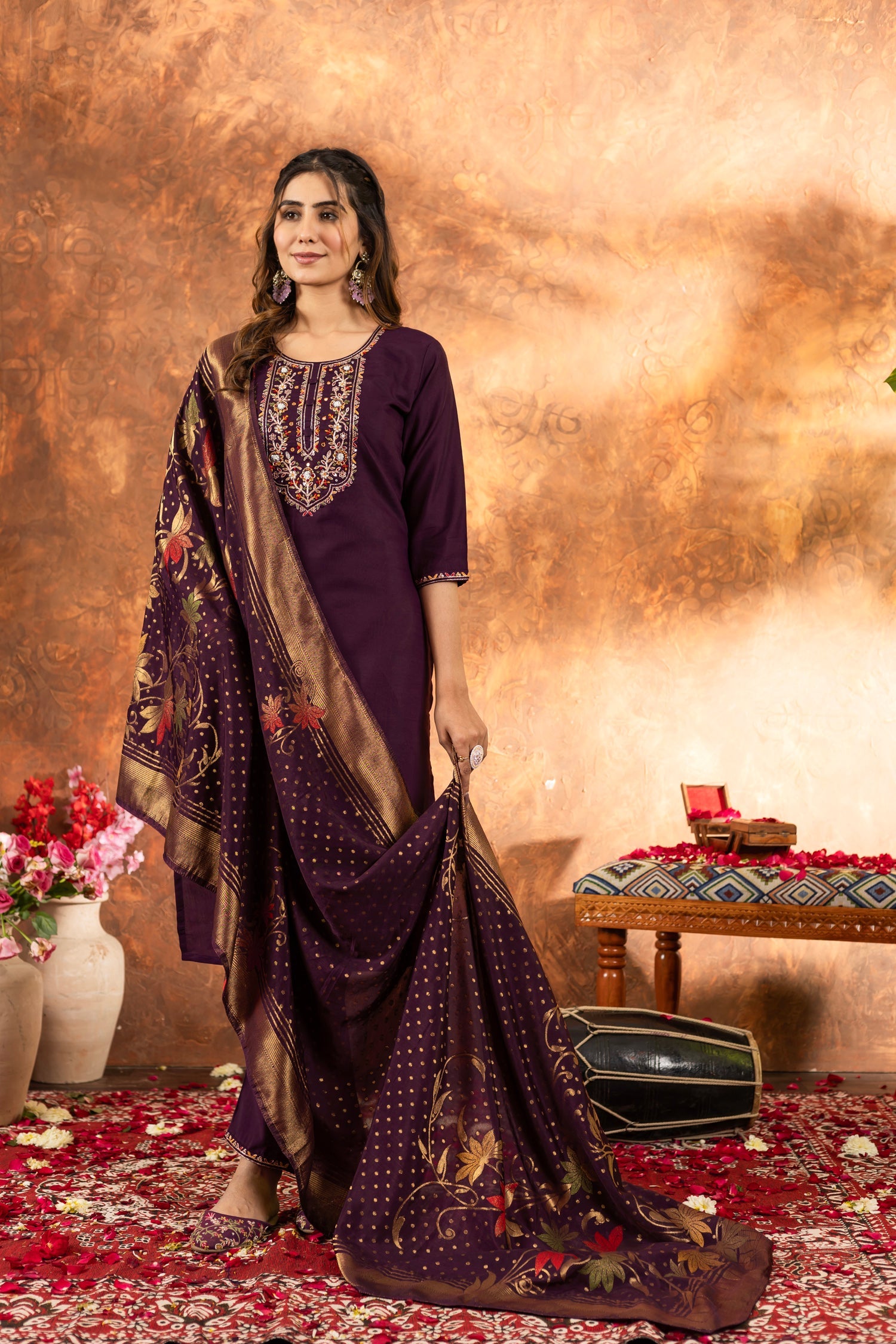 Wine Marina Silk Kurta Pant Set with Multi-Thread Hand Embroidery