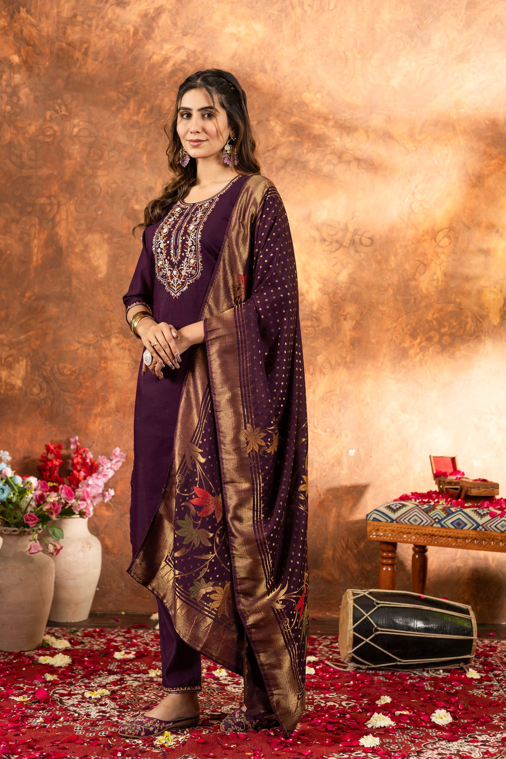 Wine Marina Silk Kurta Pant Set with Multi-Thread Hand Embroidery
