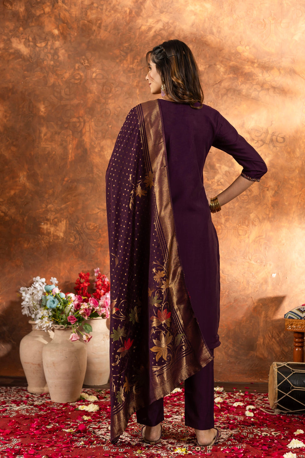 Wine Marina Silk Kurta Pant Set with Multi-Thread Hand Embroidery