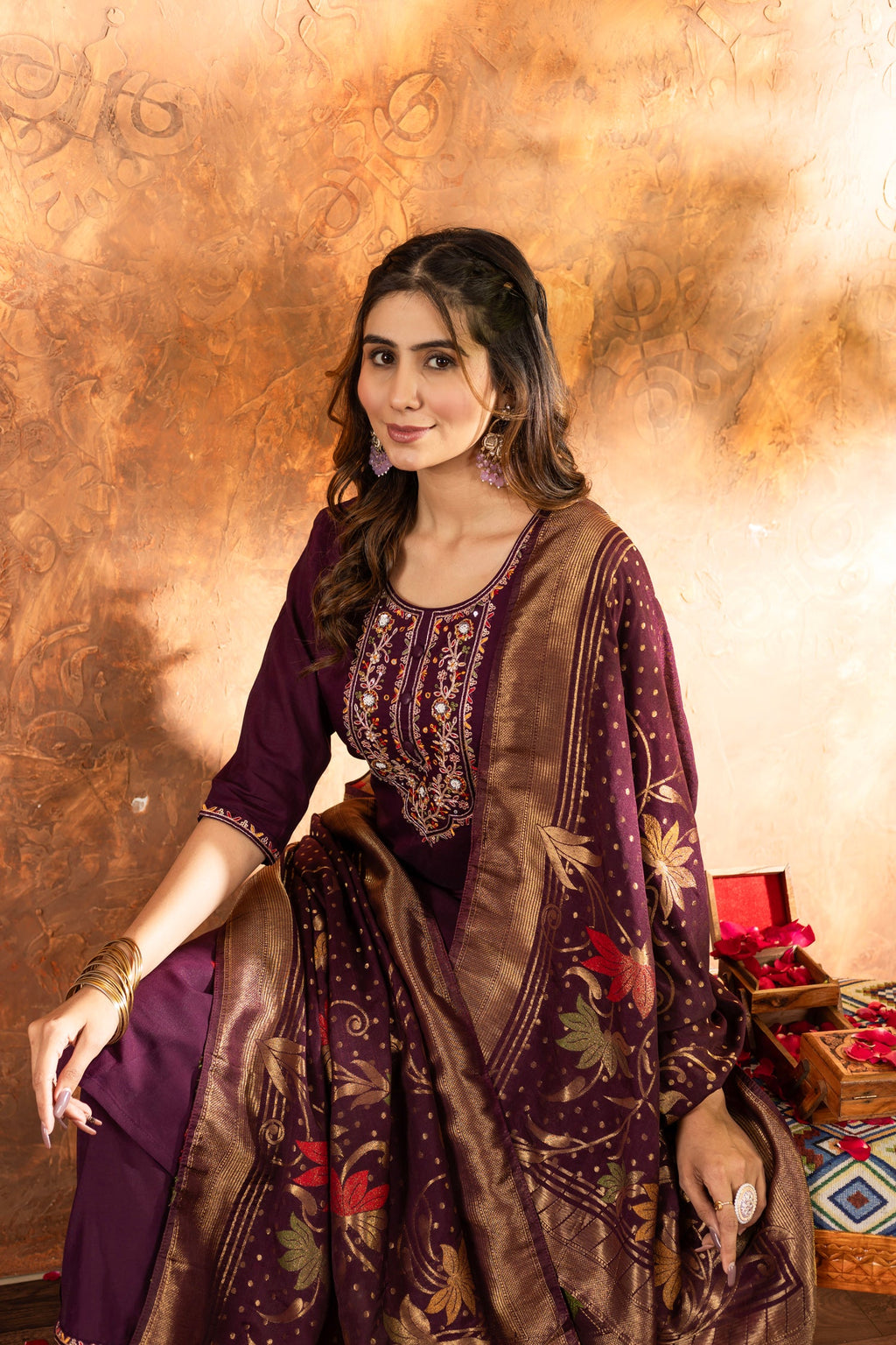 Wine Marina Silk Kurta Pant Set with Multi-Thread Hand Embroidery