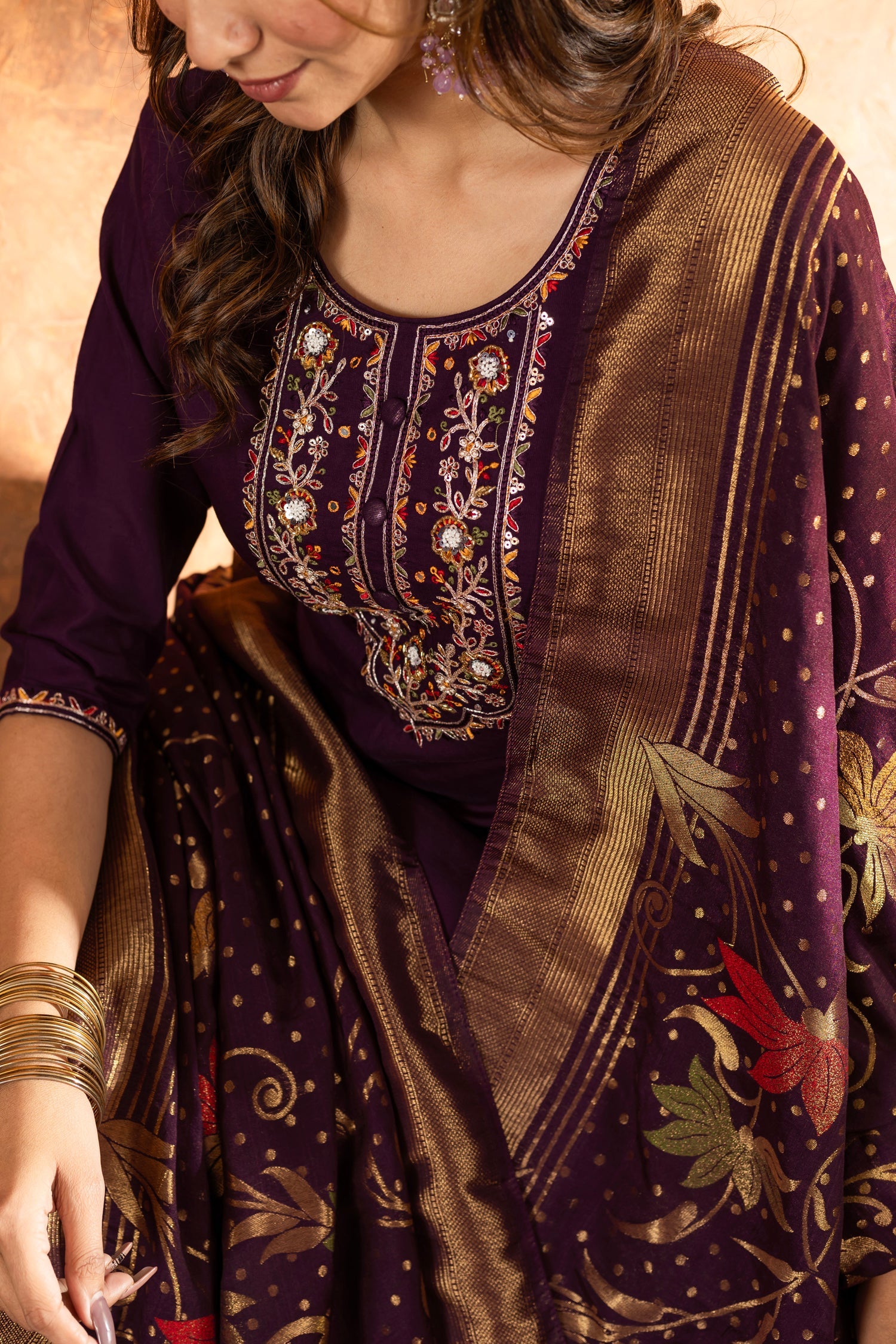 Wine Marina Silk Kurta Pant Set with Multi-Thread Hand Embroidery