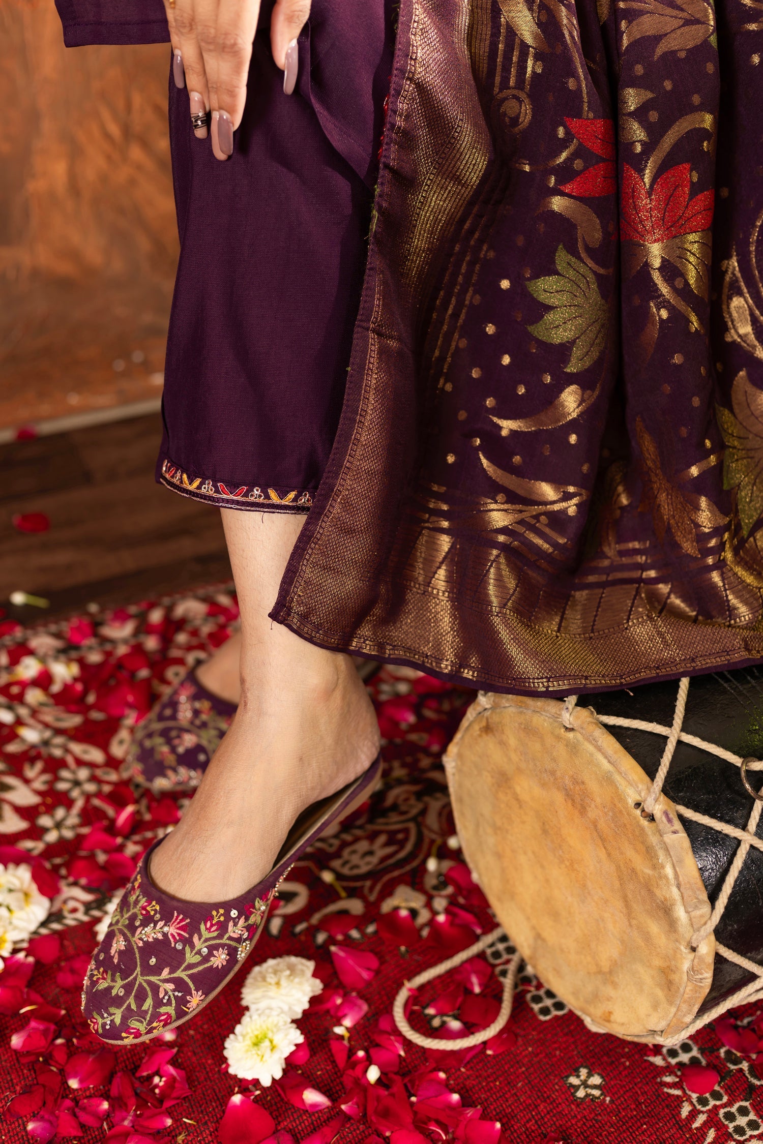 Wine Marina Silk Kurta Pant Set with Multi-Thread Hand Embroidery