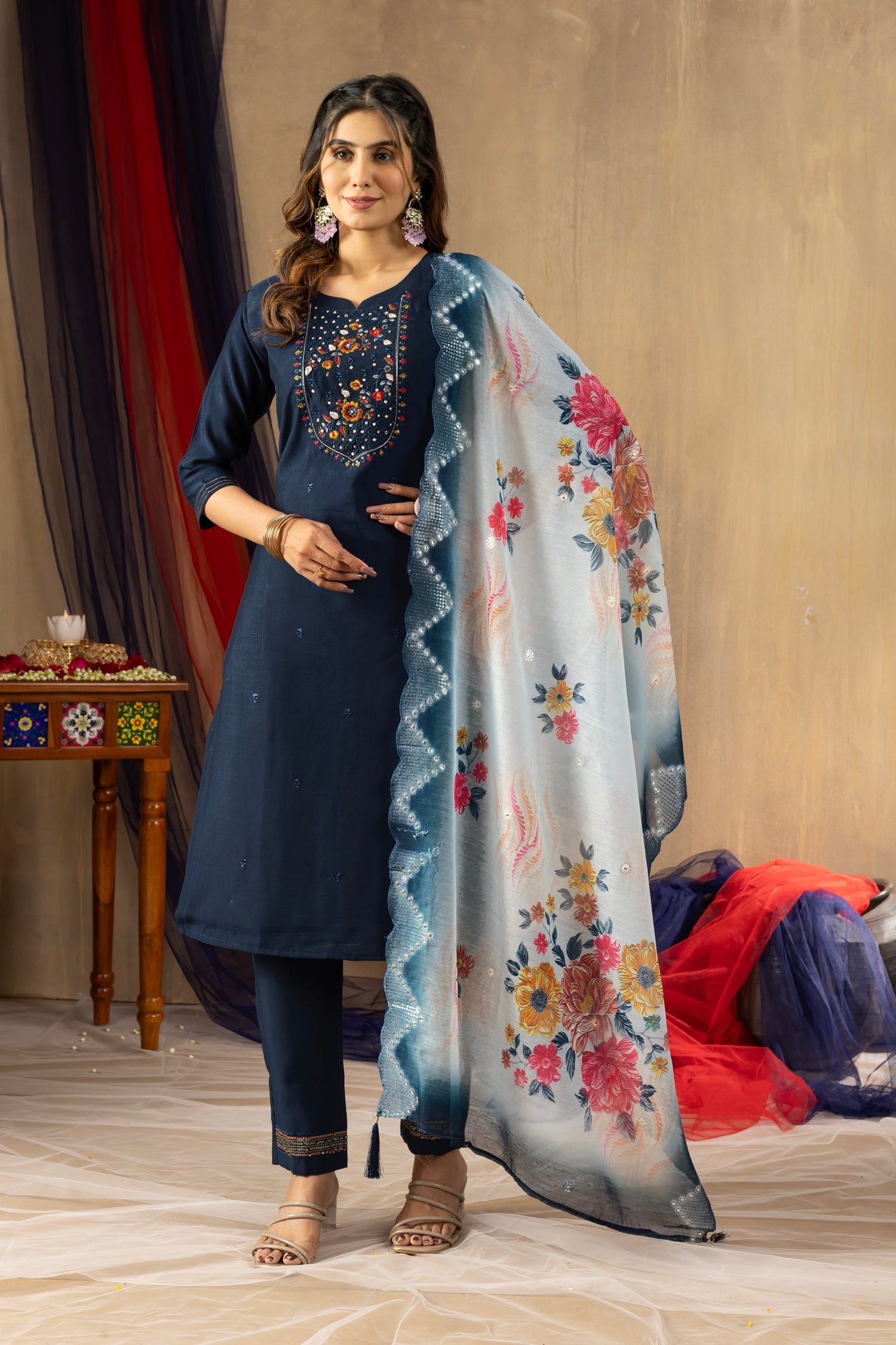 Blue viscose mango silk kurta set with intricate multi-color embroidery and matching dupatta