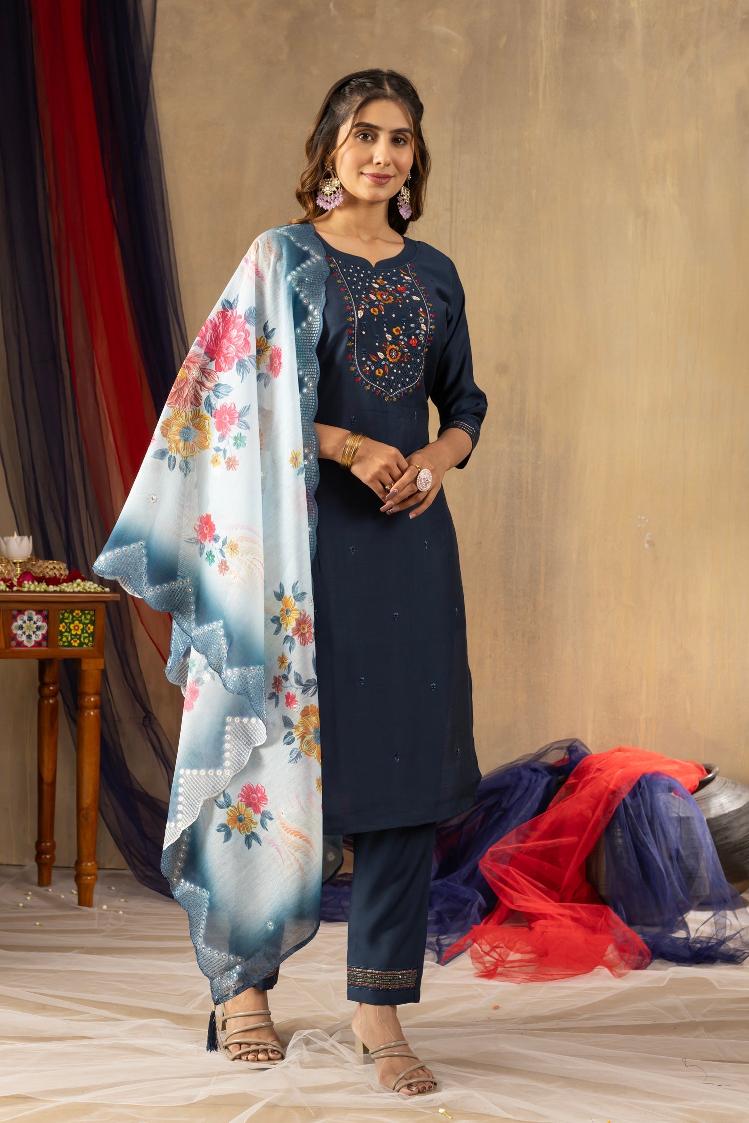 Blue Viscose Mango Silk Kurta Pant Set with Multi Thread Embroidery