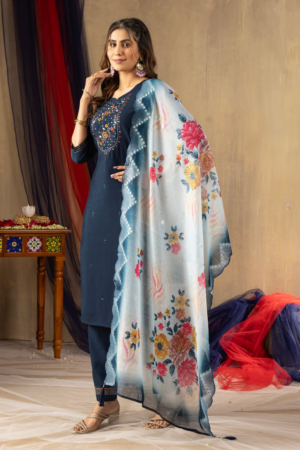 Blue Viscose Mango Silk Kurta Pant Set with Multi Thread Embroidery
