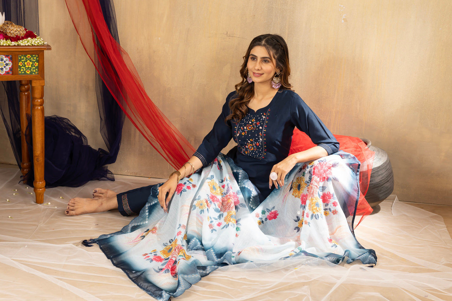 Blue Viscose Mango Silk Kurta Pant Set with Multi Thread Embroidery