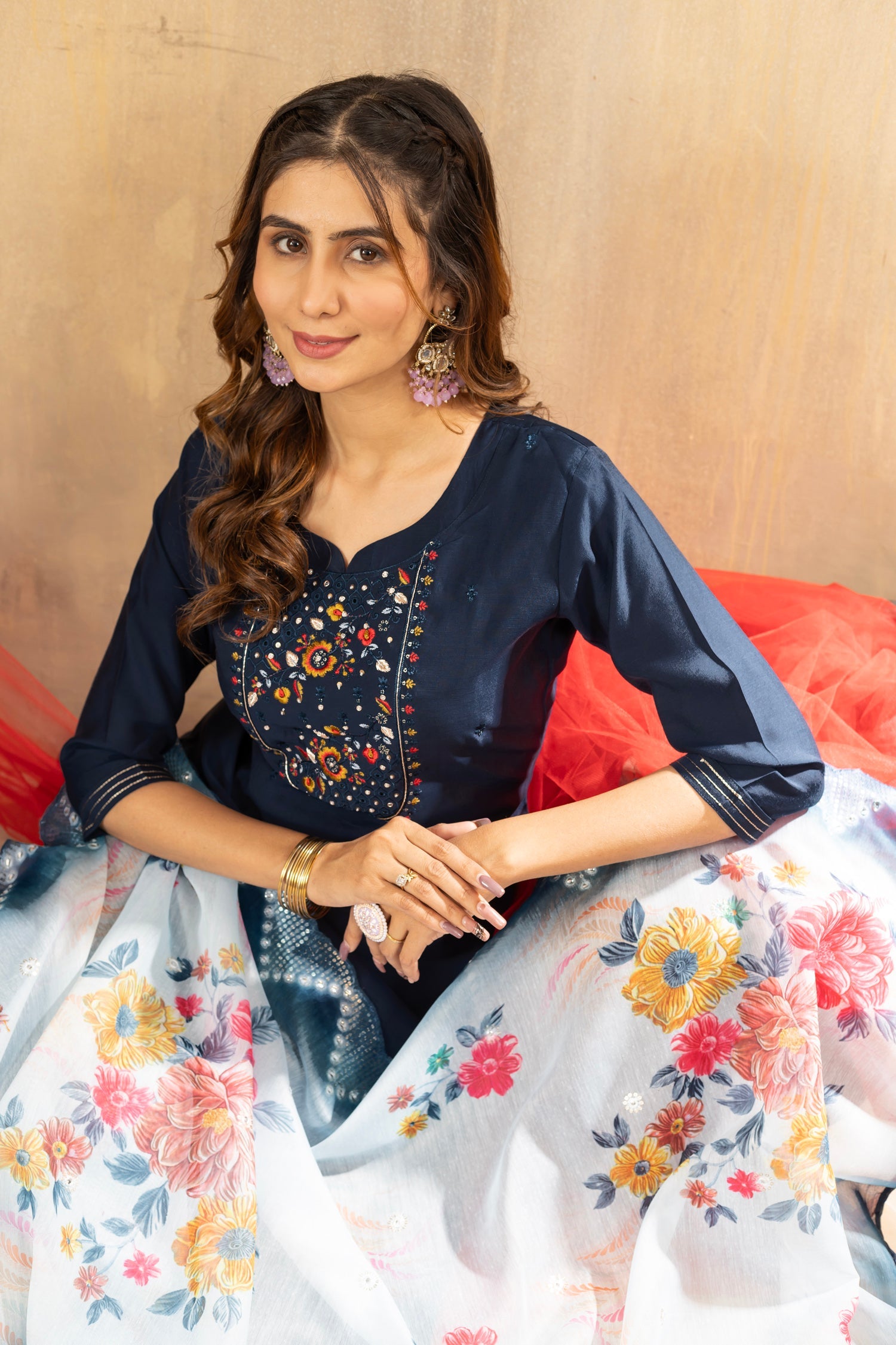 Blue Viscose Mango Silk Kurta Pant Set with Multi Thread Embroidery